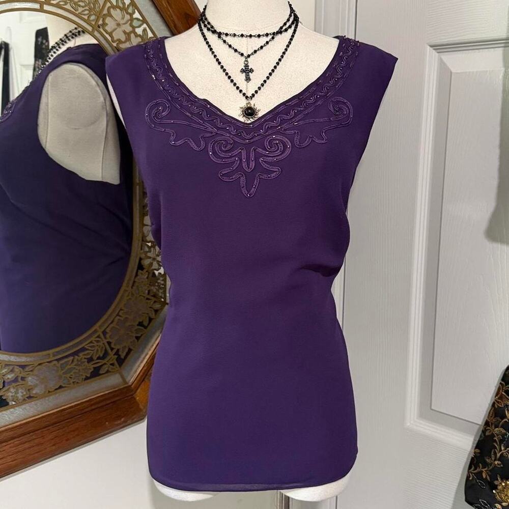 VTG Y2K R&M Richards Purple Embroidered Beaded Sleeveless V Neck Whimsy Tank Top
